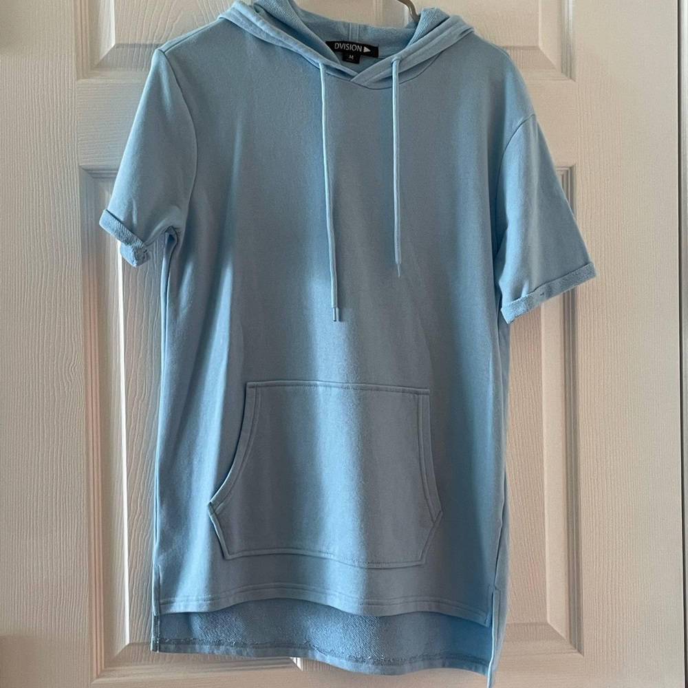 Blue Short-Sleeve Hoodie with Drawstrings